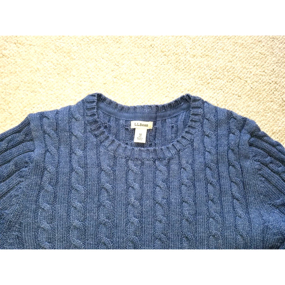 Womens Sweater-L.L. BEAN-blue 100% cotton cable knit pullover Classic preppy-M - Picture 2 of 4